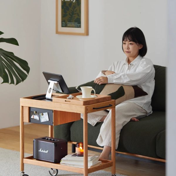 Contemporary Nordic Cherry Wood Oak Glass Rectangular Cart Movable End Table With 2-Tier Storage For Living Room And Bedroom - Image 18