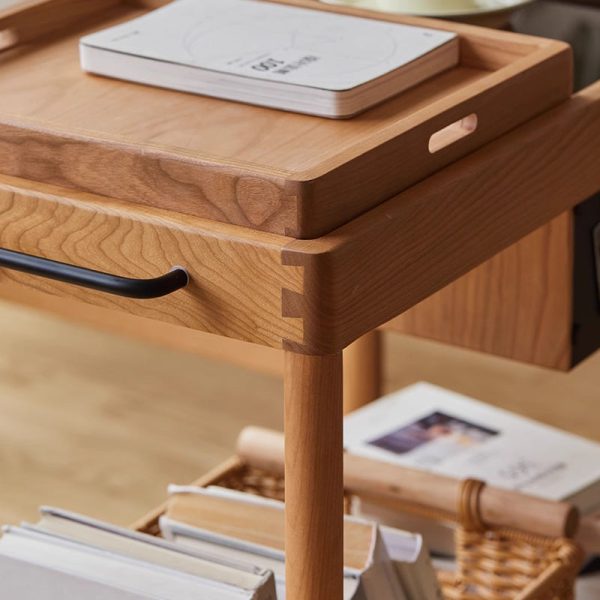 Contemporary Nordic Cherry Wood Oak Glass Rectangular Cart Movable End Table With 2-Tier Storage For Living Room And Bedroom - Image 9
