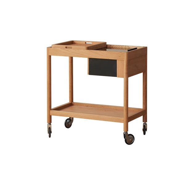 Contemporary Nordic Cherry Wood Oak Glass Rectangular Cart Movable End Table With 2-Tier Storage For Living Room And Bedroom - Image 19