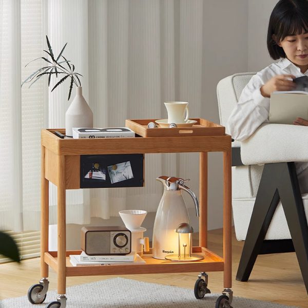Contemporary Nordic Cherry Wood Oak Glass Rectangular Cart Movable End Table With 2-Tier Storage For Living Room And Bedroom - Image 16