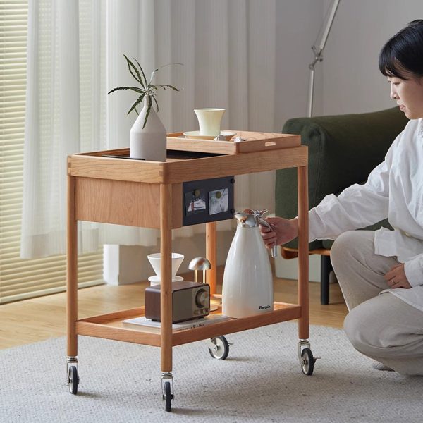 Contemporary Nordic Cherry Wood Oak Glass Rectangular Cart Movable End Table With 2-Tier Storage For Living Room And Bedroom - Image 17