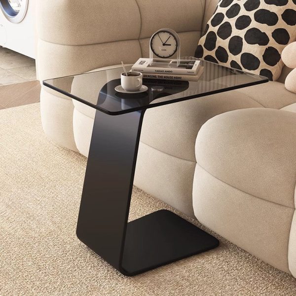 Modern Minimalist Tempered Glass & Carbon Steel Rectangular C-Shaped End Table With 2-Tier Design For Living Room And Bedroom - Image 2