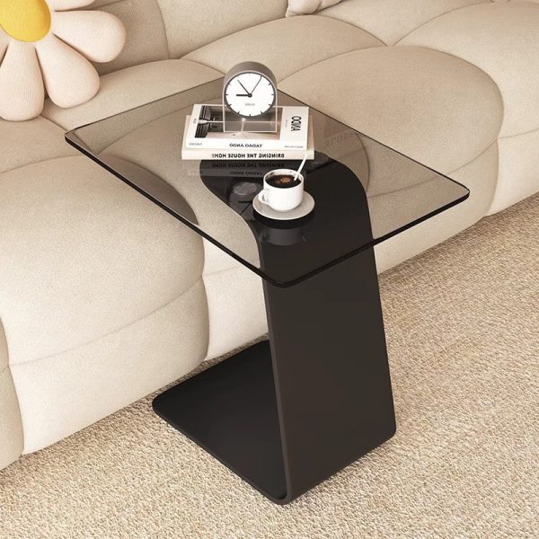 Modern Minimalist Tempered Glass & Carbon Steel Rectangular C-Shaped End Table With 2-Tier Design For Living Room And Bedroom - Image 3