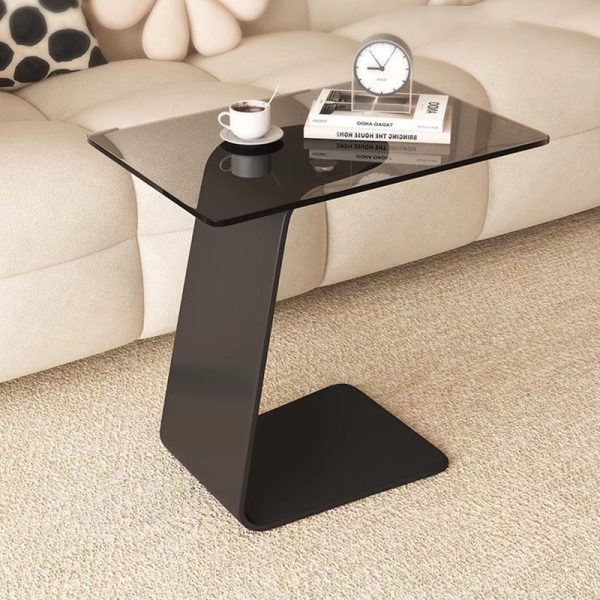 Modern Minimalist Tempered Glass & Carbon Steel Rectangular C-Shaped End Table With 2-Tier Design For Living Room And Bedroom - Image 4
