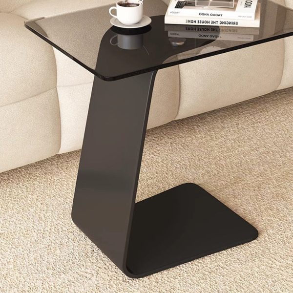 Modern Minimalist Tempered Glass & Carbon Steel Rectangular C-Shaped End Table With 2-Tier Design For Living Room And Bedroom - Image 12