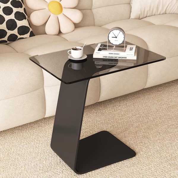 Modern Minimalist Tempered Glass & Carbon Steel Rectangular C-Shaped End Table With 2-Tier Design For Living Room And Bedroom - Image 13