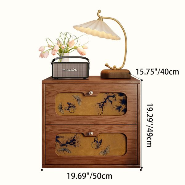 Traditional Chinese Solid Wood & Silk Rectangular Butterfly Nightstand With 2 Drawers For Bedroom Or Living Room - Image 7
