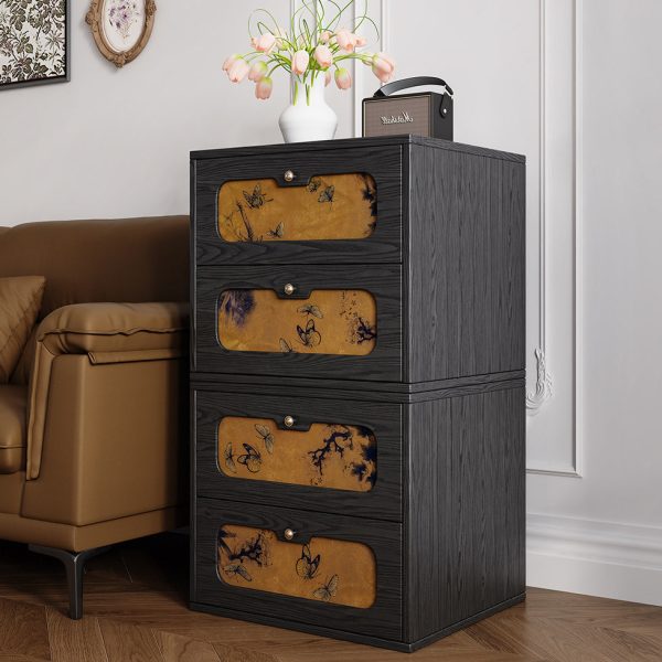 Traditional Chinese Solid Wood & Silk Rectangular Butterfly Nightstand With 2 Drawers For Bedroom Or Living Room - Image 6