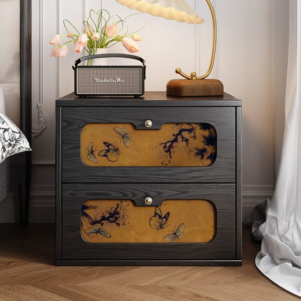 Traditional Chinese Solid Wood & Silk Rectangular Butterfly Nightstand With 2 Drawers For Bedroom Or Living Room - Image 2