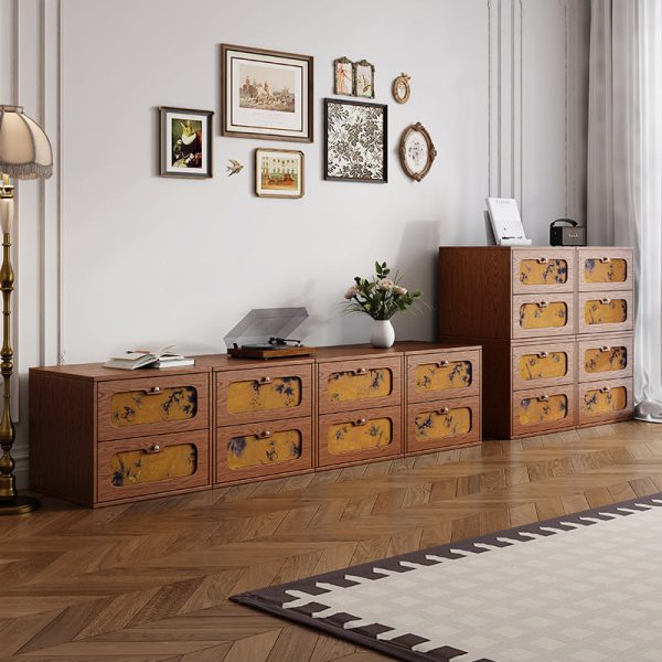 Traditional Chinese Solid Wood & Silk Rectangular Butterfly Nightstand With 2 Drawers For Bedroom Or Living Room - Image 11