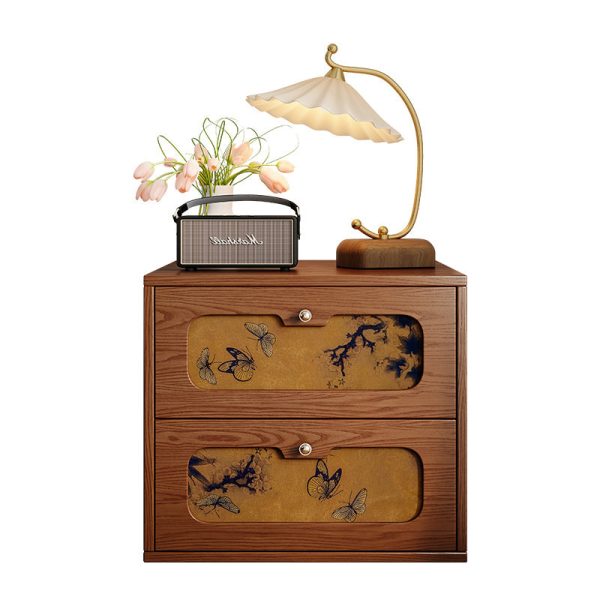 Traditional Chinese Solid Wood & Silk Rectangular Butterfly Nightstand With 2 Drawers For Bedroom Or Living Room - Image 15