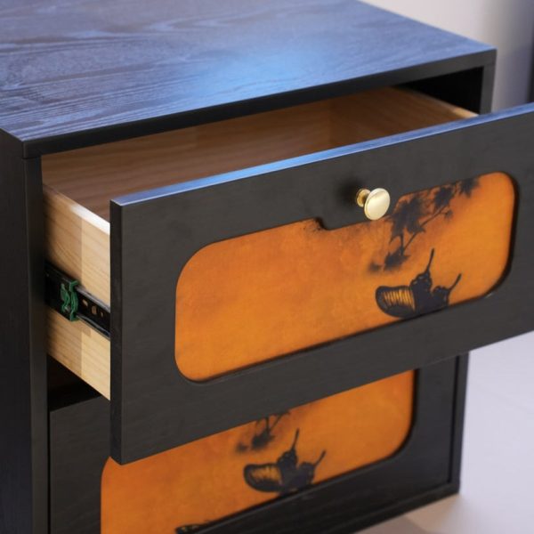 Traditional Chinese Solid Wood & Silk Rectangular Butterfly Nightstand With 2 Drawers For Bedroom Or Living Room - Image 17