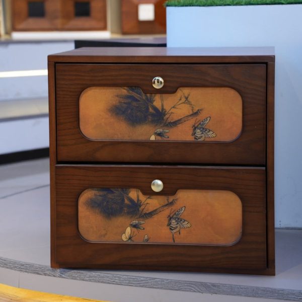 Traditional Chinese Solid Wood & Silk Rectangular Butterfly Nightstand With 2 Drawers For Bedroom Or Living Room - Image 16