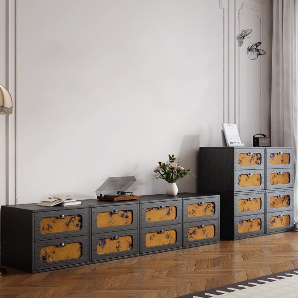 Traditional Chinese Solid Wood & Silk Rectangular Butterfly Nightstand With 2 Drawers For Bedroom Or Living Room - Image 3