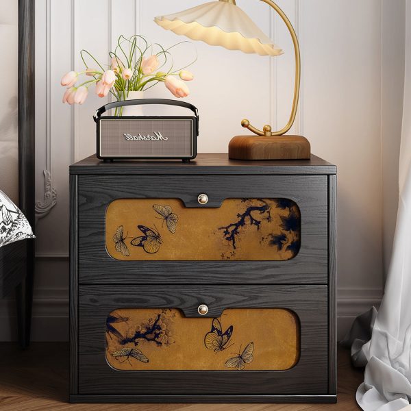 Traditional Chinese Solid Wood & Silk Rectangular Butterfly Nightstand With 2 Drawers For Bedroom Or Living Room - Image 10