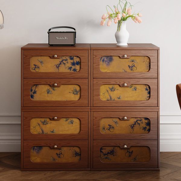 Traditional Chinese Solid Wood & Silk Rectangular Butterfly Nightstand With 2 Drawers For Bedroom Or Living Room - Image 5