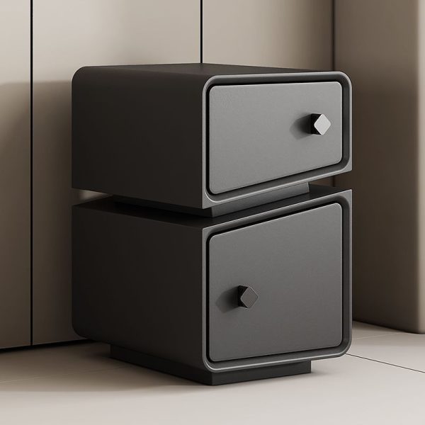 Modern Minimalist Solid Wood & Microfiber Leather Rectangular Split-Cut Nightstand With 2 Drawers For Bedroom - Image 2