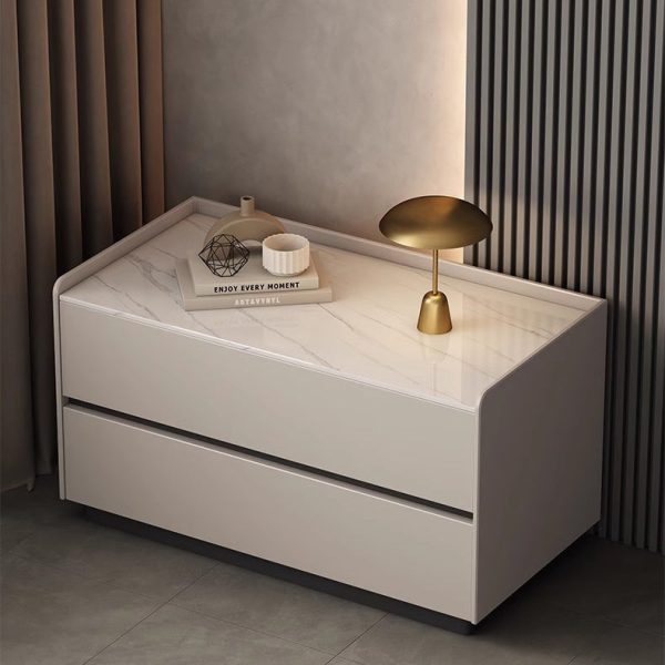 Modern Minimalist Slab Solid Wood & Microfiber Leather Rectangular Nightstand With 2 Drawers For Bedroom - Image 16