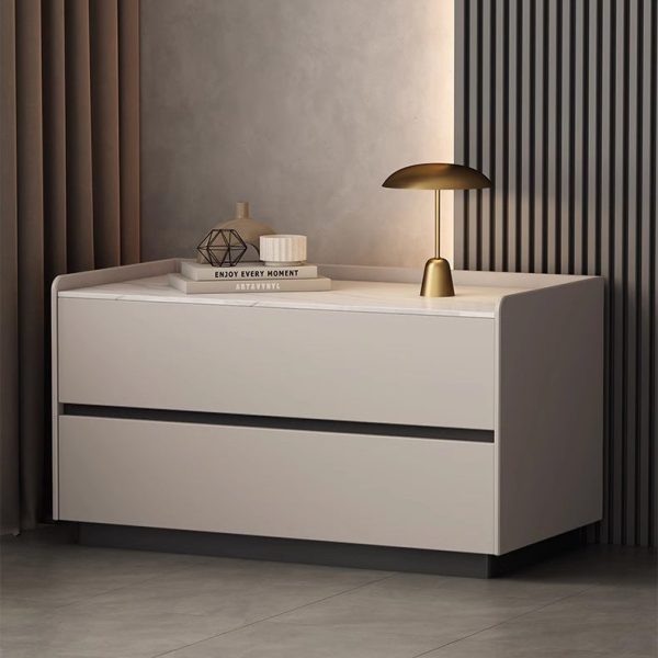 Modern Minimalist Slab Solid Wood & Microfiber Leather Rectangular Nightstand With 2 Drawers For Bedroom - Image 18