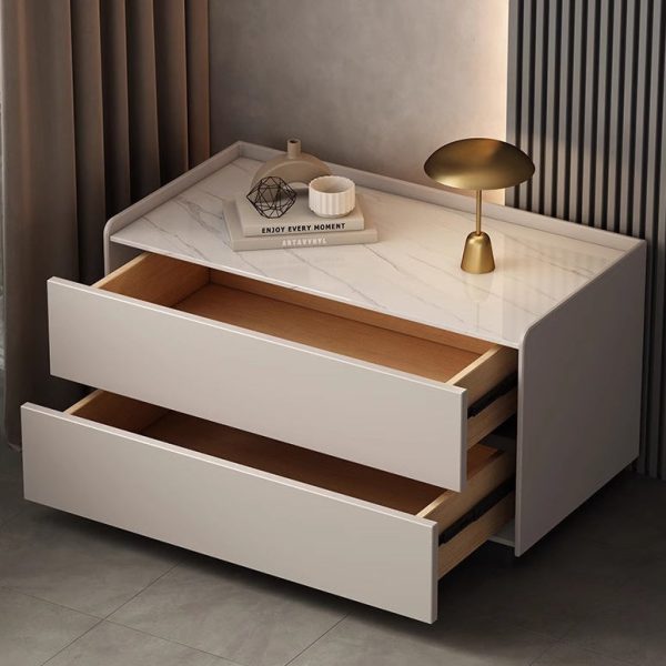 Modern Minimalist Slab Solid Wood & Microfiber Leather Rectangular Nightstand With 2 Drawers For Bedroom - Image 14