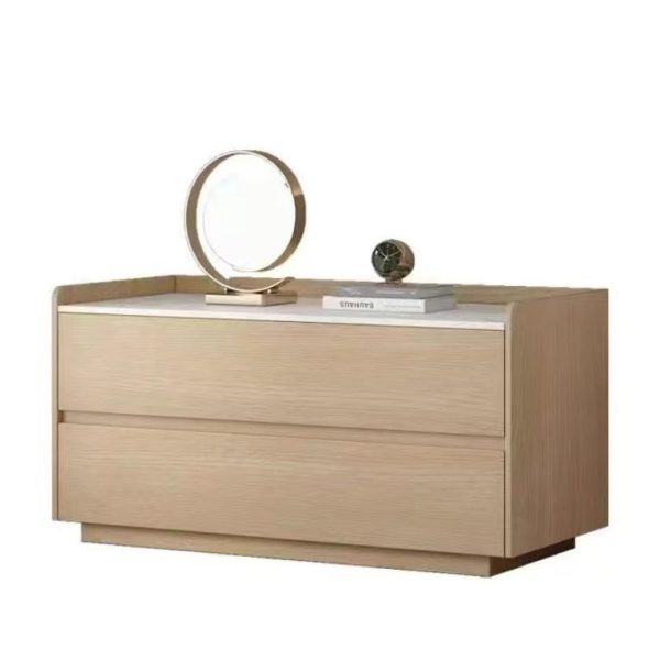Modern Minimalist Slab Solid Wood & Microfiber Leather Rectangular Nightstand With 2 Drawers For Bedroom - Image 20