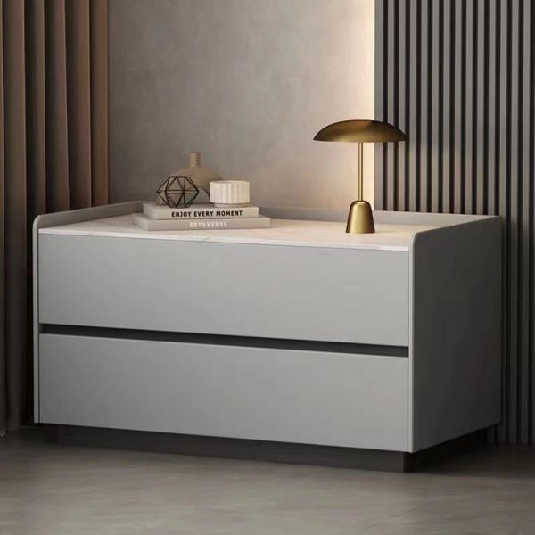 Modern Minimalist Slab Solid Wood & Microfiber Leather Rectangular Nightstand With 2 Drawers For Bedroom - Image 2
