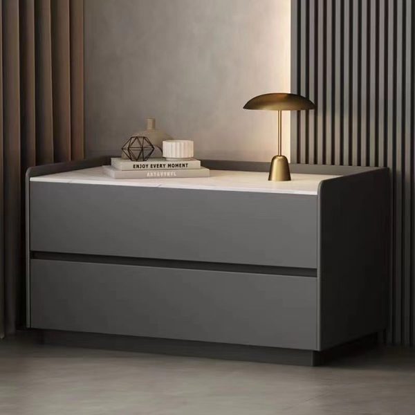 Modern Minimalist Slab Solid Wood & Microfiber Leather Rectangular Nightstand With 2 Drawers For Bedroom - Image 3
