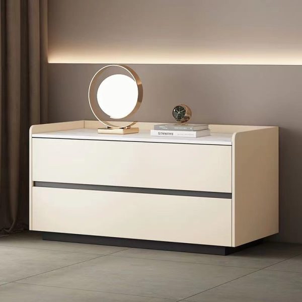 Modern Minimalist Slab Solid Wood & Microfiber Leather Rectangular Nightstand With 2 Drawers For Bedroom - Image 4