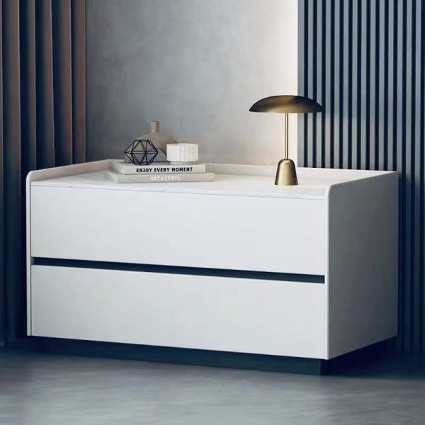 Modern Minimalist Slab Solid Wood & Microfiber Leather Rectangular Nightstand With 2 Drawers For Bedroom - Image 5