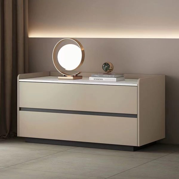 Modern Minimalist Slab Solid Wood & Microfiber Leather Rectangular Nightstand With 2 Drawers For Bedroom - Image 7