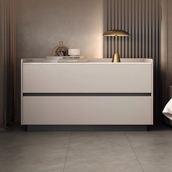 Modern Minimalist Slab Solid Wood & Microfiber Leather Rectangular Nightstand With 2 Drawers For Bedroom