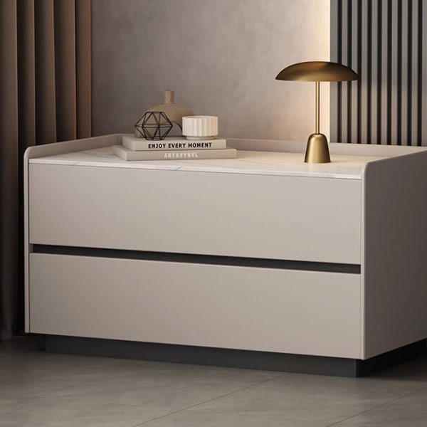 Modern Minimalist Slab Solid Wood & Microfiber Leather Rectangular Nightstand With 2 Drawers For Bedroom - Image 15