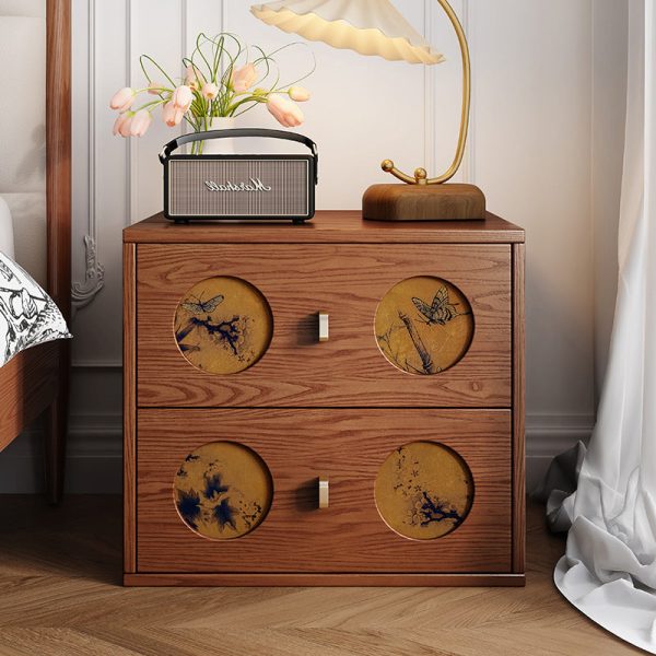 Traditional Chinese Solid Wood & Xiangyun Silk Rectangular Nightstand With Butterfly Pattern And 2 Drawers For Bedroom Or Living Room