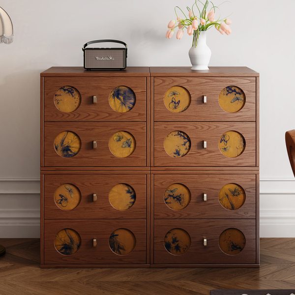 Traditional Chinese Solid Wood & Xiangyun Silk Rectangular Nightstand With Butterfly Pattern And 2 Drawers For Bedroom Or Living Room - Image 14