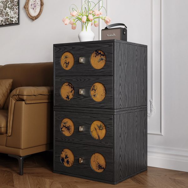 Traditional Chinese Solid Wood & Xiangyun Silk Rectangular Nightstand With Butterfly Pattern And 2 Drawers For Bedroom Or Living Room - Image 6
