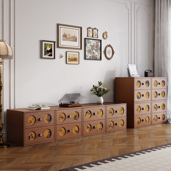 Traditional Chinese Solid Wood & Xiangyun Silk Rectangular Nightstand With Butterfly Pattern And 2 Drawers For Bedroom Or Living Room - Image 4