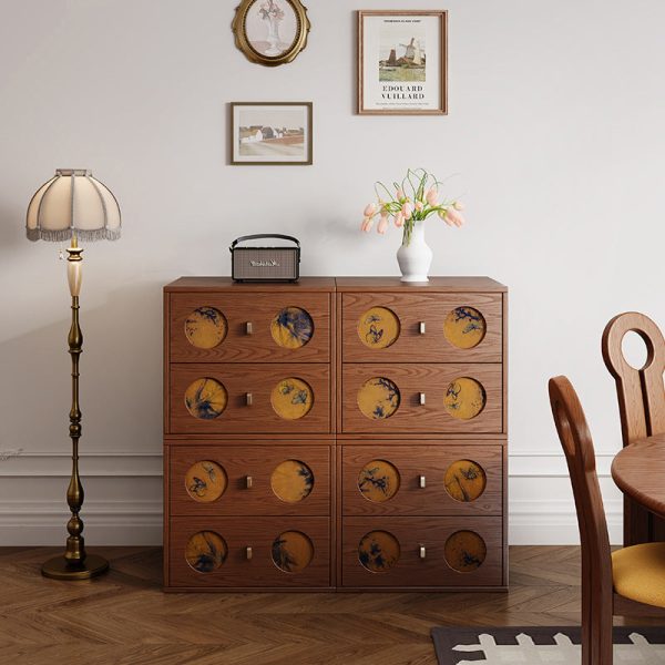 Traditional Chinese Solid Wood & Xiangyun Silk Rectangular Nightstand With Butterfly Pattern And 2 Drawers For Bedroom Or Living Room - Image 15