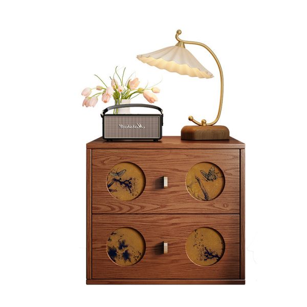 Traditional Chinese Solid Wood & Xiangyun Silk Rectangular Nightstand With Butterfly Pattern And 2 Drawers For Bedroom Or Living Room - Image 16
