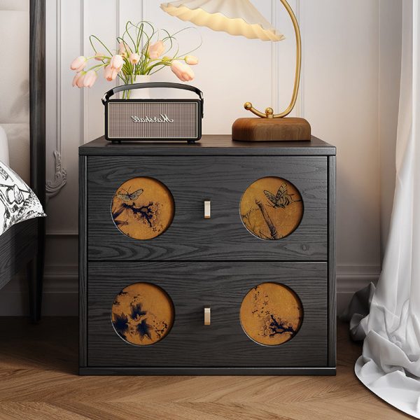 Traditional Chinese Solid Wood & Xiangyun Silk Rectangular Nightstand With Butterfly Pattern And 2 Drawers For Bedroom Or Living Room - Image 2