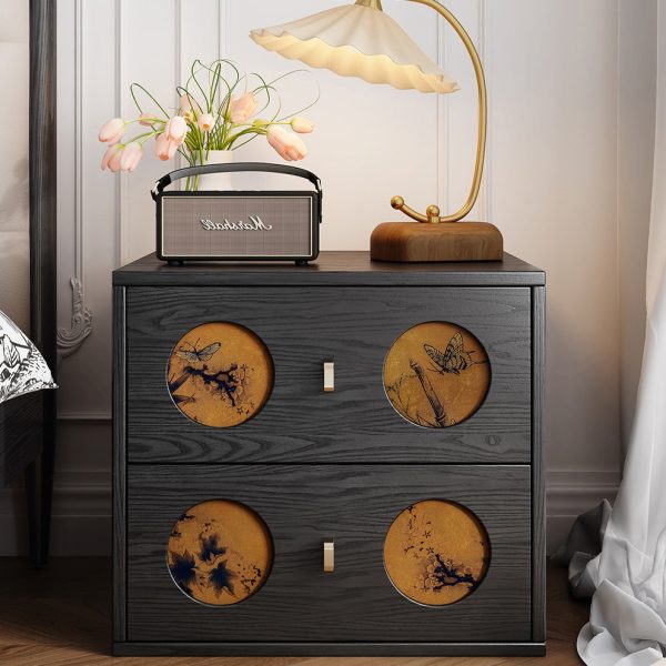 Traditional Chinese Solid Wood & Xiangyun Silk Rectangular Nightstand With Butterfly Pattern And 2 Drawers For Bedroom Or Living Room - Image 11