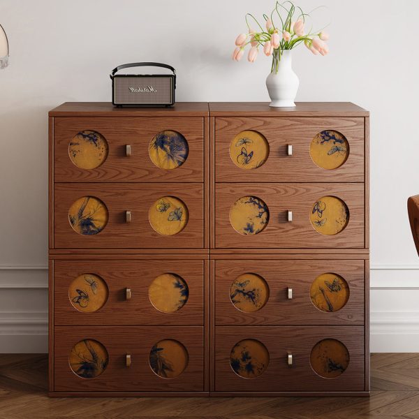 Traditional Chinese Solid Wood & Xiangyun Silk Rectangular Nightstand With Butterfly Pattern And 2 Drawers For Bedroom Or Living Room - Image 5