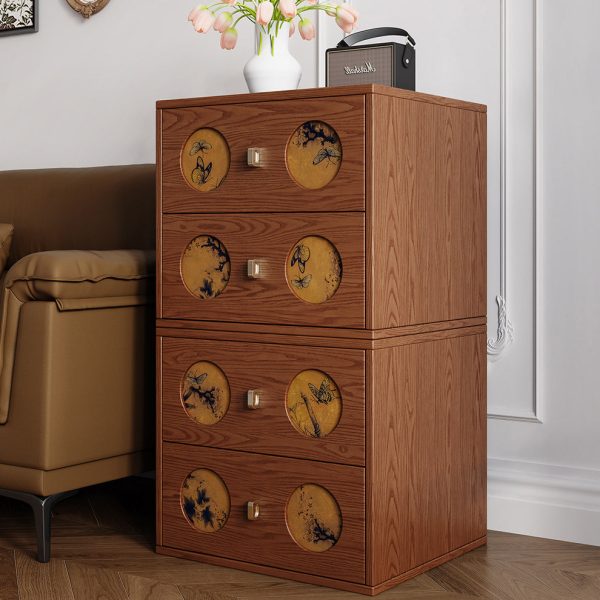 Traditional Chinese Solid Wood & Xiangyun Silk Rectangular Nightstand With Butterfly Pattern And 2 Drawers For Bedroom Or Living Room - Image 12