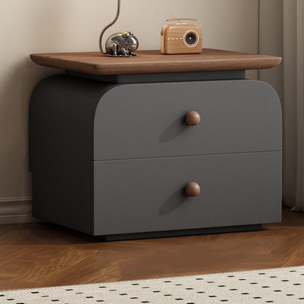 Modern Mid-Century Solid Wood & Scratch-Resistant Leather Rectangular Nightstand With 2 Drawers For Bedside - Image 4