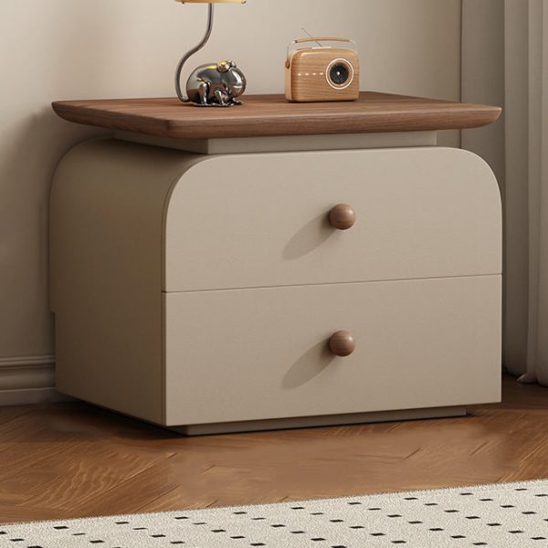 Modern Mid-Century Solid Wood & Scratch-Resistant Leather Rectangular Nightstand With 2 Drawers For Bedside - Image 8