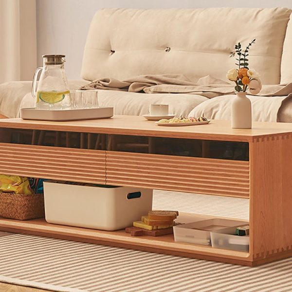 Contemporary Nordic Pine Wood Cherry Wood Glass Rectangular Coffee Table With 2-Drawers & 2-Cabinets For Living Room - Image 15
