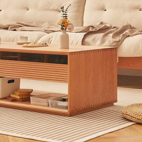 Contemporary Nordic Pine Wood Cherry Wood Glass Rectangular Coffee Table With 2-Drawers & 2-Cabinets For Living Room - Image 16