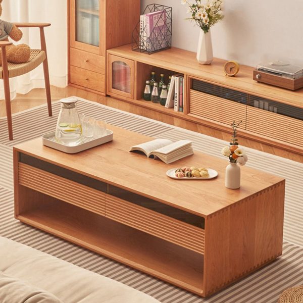 Contemporary Nordic Pine Wood Cherry Wood Glass Rectangular Coffee Table With 2-Drawers & 2-Cabinets For Living Room