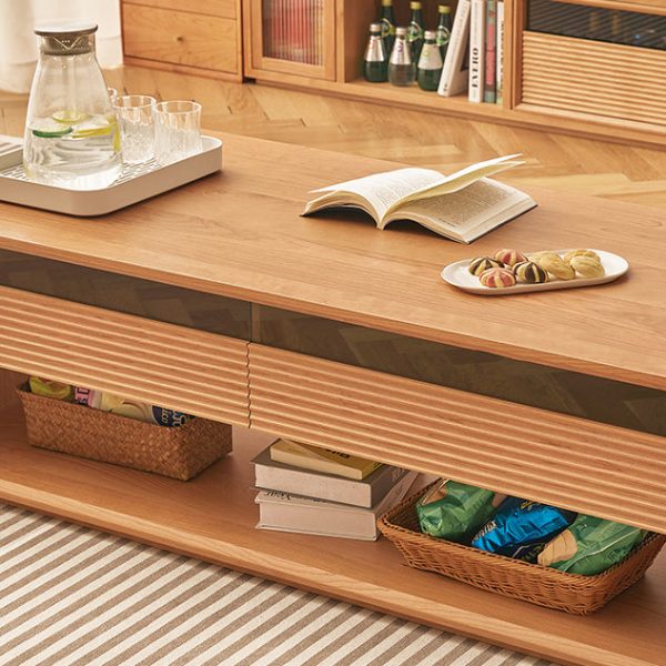 Contemporary Nordic Pine Wood Cherry Wood Glass Rectangular Coffee Table With 2-Drawers & 2-Cabinets For Living Room - Image 14