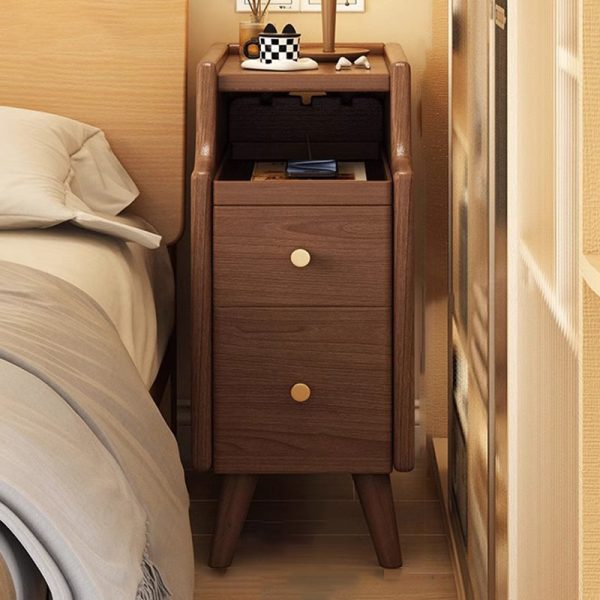 Contemporary Nordic Rubber Wood Hardware Rectangular Narrow Nightstand With 2-Drawer And 1-Cabinet For Bedside Storage - Image 2