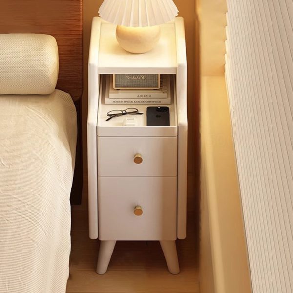 Contemporary Nordic Rubber Wood Hardware Rectangular Narrow Nightstand With 2-Drawer And 1-Cabinet For Bedside Storage - Image 4